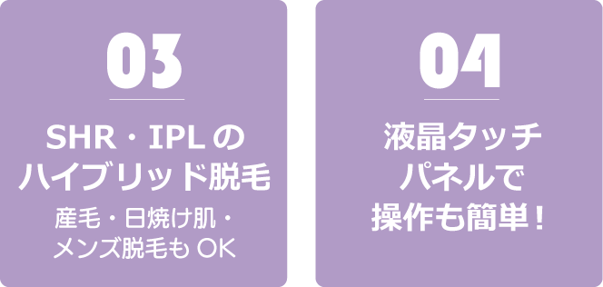 4つの基本機能 SHR-IPLハイブリッド脱毛-産毛日焼け肌メンズ脱毛OK-4液晶タッチパネルで操作も簡単